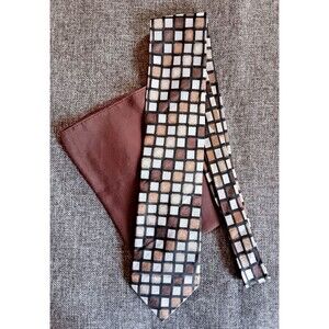 Dress Tie 70s 80s 90s Y2K Mens Peacock Silk brown pocket square 3.5 Wide 59 Long